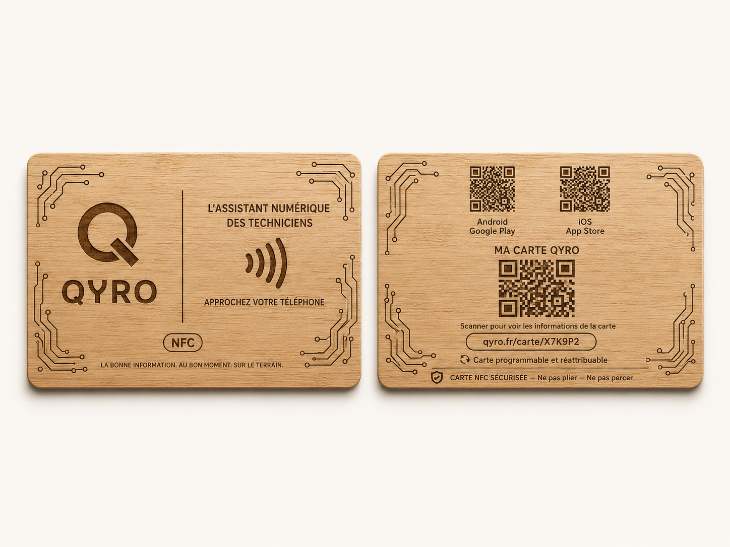 Carte NFC Qyro en bois, vue recto et verso